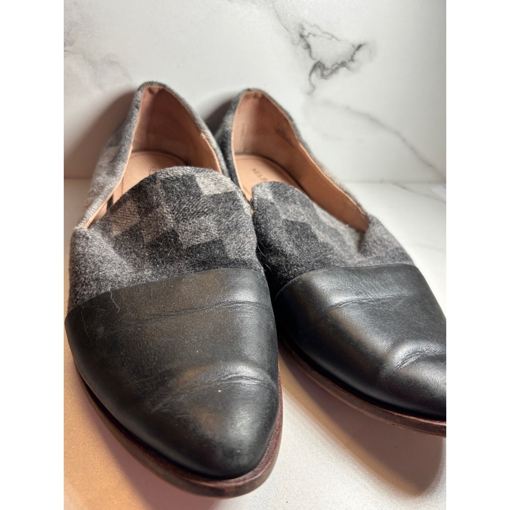 Kelsi Dagger Brooklyn Loafers Black Leather Grey Plaid Wool Pointed Toe Flats